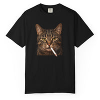 Load image into Gallery viewer, Black t-shirt with a cat graphic holding a cigarette on a white background
