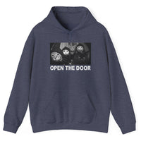 Load image into Gallery viewer, Navy heather Open The Door Cat Gang hoodie featuring five cats gathered outside a door