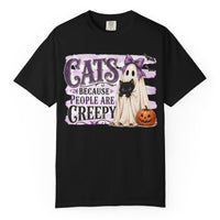 Load image into Gallery viewer, Black Comfort Colors Halloween T-shirt with black cat in ghost costume, pumpkin and Cats Because People Are Creepy design.