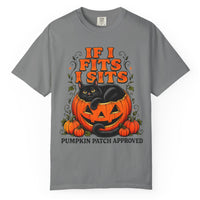 Load image into Gallery viewer, Gray Comfort Colors Halloween T-shirt featuring a black cat sitting in a jack-o'-lantern with If I Fits I Sits text