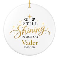 Load image into Gallery viewer, Personalized gold cat memorial ornament with Still Shining in Our Sky, name and years