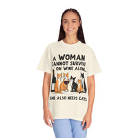 Load image into Gallery viewer, A Woman Cannot Survive on Wine Alone Funny Cat T-Shirt