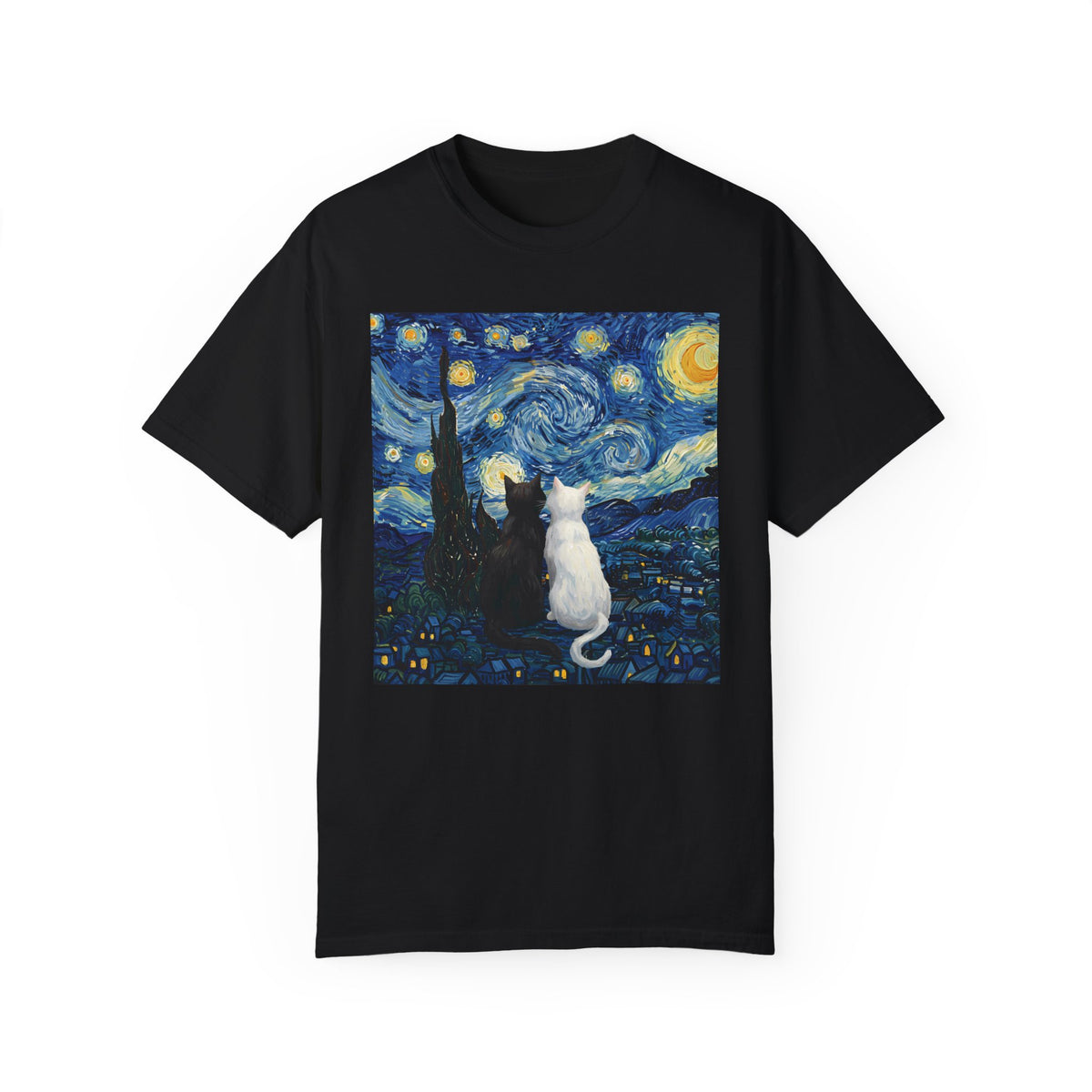 Starry Night Van Gogh Cute Cats, Unisex 100% Cotton Tee