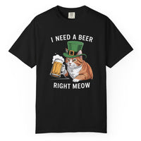 Load image into Gallery viewer, Black t-shirt with a cat wearing a green hat and holding a beer mug, text 'I Need a Beer Right Meow' on a white background.