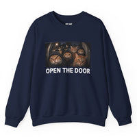 Load image into Gallery viewer, Navy sweatshirt with Open The Door design featuring five orange cats in hoodies gathered outside at night