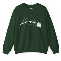 Load image into Gallery viewer, Forest Green Christmas cat sweatshirt with white silhouette of flying cats pulling Santa's sleigh, stars and paw prints