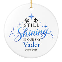 Load image into Gallery viewer, Personalized cat memorial ornament in blue with Still Shining in Our Sky, name and years