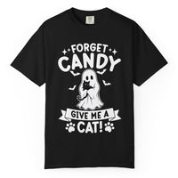 Load image into Gallery viewer, Orange Comfort Colors Halloween T-shirt with ghost holding a cat, bats and Forget Candy Give Me a Cat design.