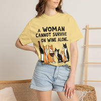 Load image into Gallery viewer, A Woman Cannot Survive on Wine Alone Funny Cat T-Shirt