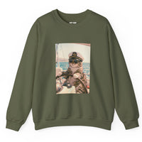 Load image into Gallery viewer, Olive green sweatshirt with retro photo of a cat wearing sunglasses and a captain's hat steering a sailboat