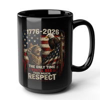 Load image into Gallery viewer, Black mug with American flag design, eagle, and text on a white background