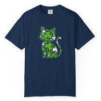 Load image into Gallery viewer, Navy blue t-shirt with a green shamrock and cat design on a white background