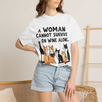 Load image into Gallery viewer, A Woman Cannot Survive on Wine Alone Funny Cat T-Shirt