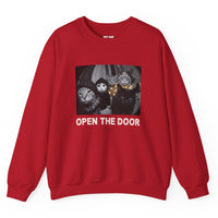 Load image into Gallery viewer, Red Christmas Cat Gang sweatshirt featuring five festive cats and Open The Door lettering.