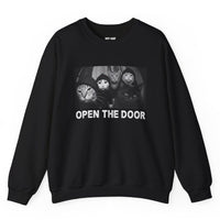 Load image into Gallery viewer, Black Open The Door Cat Gang sweatshirt with funny five-cat door design