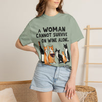 Load image into Gallery viewer, A Woman Cannot Survive on Wine Alone Funny Cat T-Shirt