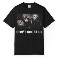 Load image into Gallery viewer, Black Comfort Colors Halloween cat T-shirt featuring a group of cats dressed as ghosts, witches and devils with the words “Don’t Ghost Us.”

