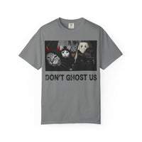 Load image into Gallery viewer, Gray Comfort Colors Halloween cat T-shirt featuring a group of cats dressed as ghosts, witches and devils with the words “Don’t Ghost Us.”
