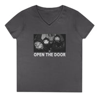 Load image into Gallery viewer, Navy blue t-shirt with graphic design and 'Open the Door' text on a white background