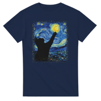 Load image into Gallery viewer, Navy Starry Night Cat T-shirt featuring Van Gogh-inspired cat artwork