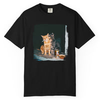 Load image into Gallery viewer, Black t-shirt with a graphic of two cats and a can on a white background