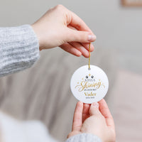 Load image into Gallery viewer, Personalized cat memorial ornament in blue with Still Shining in Our Sky, name and years