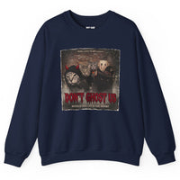 Load image into Gallery viewer, Navy sweatshirt with vintage horror movie poster featuring five Halloween Cat Gang cats in devil, ghost and witch costumes