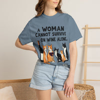 Load image into Gallery viewer, A Woman Cannot Survive on Wine Alone Funny Cat T-Shirt