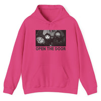 Load image into Gallery viewer, A bright pink pullover hoodie with a front kangaroo pocket and a graphic print on the chest showing four cats under the text 'OPEN THE DOOR' in black.