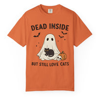 Load image into Gallery viewer, Orange Comfort Colors Halloween cat T-shirt with ghost, black cat, pumpkin and Dead Inside But Still Love Cats design.