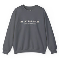 Load image into Gallery viewer, Charcoal gray My Cat Has a Plan sweatshirt with cream lettering
