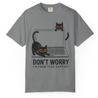 Load image into Gallery viewer, Grey Comfort Colors T-shirt featuring two black cats on a laptop with Don't Worry I'm From Tech Support text.