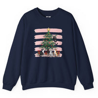 Load image into Gallery viewer, Navy Christmas Cats sweatshirt featuring four cats around a decorated Christmas tree
