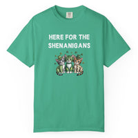 Load image into Gallery viewer, Green t-shirt with 'Here for the Shenanigans' text and cat graphics on a white background