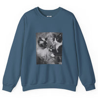 Load image into Gallery viewer, Blue sweatshirt featuring vintage black-and-white artwork of one cat tattooing another cat.