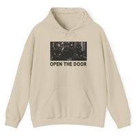Load image into Gallery viewer, Open The Door Black Cat Gang pullover hoodie featuring five black cats outside at night