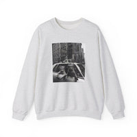 Load image into Gallery viewer, Light gray sweatshirt with black-and-white vintage Cat Gang mobster design featuring cats in hats around a car