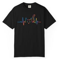 Load image into Gallery viewer, Black t-shirt with colorful heart rate design on a white background