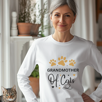 Load image into Gallery viewer, Woman wearing a white long-sleeve shirt with 'Grandmother of Cats' text in a kitchen.